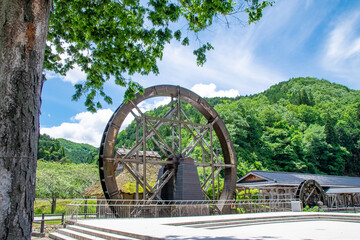 夢すき公園の親子孫水車　岡山県新見市神郷 The largest triad waterwheel in Japan (parent-child-grandchild waterwheel) at Yumesuki Park in Shingo town, Niimi city, Okayama pref. Japan.