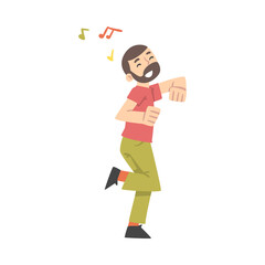 Sticker - Young Bearded Man Dancing Moving Hands and Legs to Music Rythm Vector Illustration