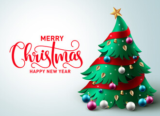 Wall Mural - Christmas tree vector background design. Merry christmas greeting text in empty space with pine tree element and colorful ornaments for holiday season card decoration. Vector illustration. 
