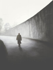 Wall Mural - Illustration of old solitary man walking outside, abstract concept