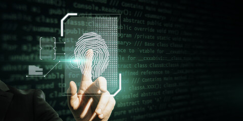 Aufkleber - Hand pointing at glowing finger print interface on dark background with coding language and mock up place. Security and biometrics concept.