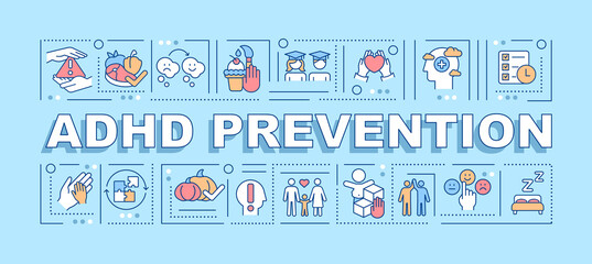 Poster - adhd prevention word concepts banner. cognitive behavioral therapy. infographics with linear icons o