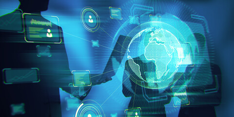 Poster - Businesspeople working together with abstract digital business interface on dark blue background. Teamwork, technology and cyberspace concept. Double exposure.
