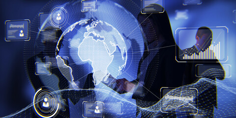 Poster - Businesspeople working together with abstract digital business interface on dark blue background. Teamwork, technology and finance concept. Double exposure.