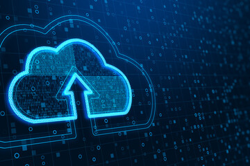 Aufkleber - Creative glowing clouds hologram on dark binary code background with mock up place. Cloud computing and database concept. 3D Rendering.