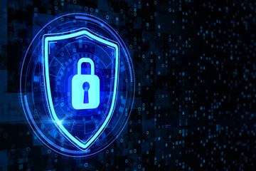 Poster - Bright glowing shield with padlock icon on dark binary code background with mock up place. Online protection, antivirus and security concept. 3D Rendering.