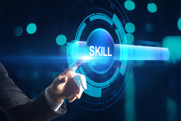 Poster - Close up of businessman hand pointing at creative digital skill bar on blurry dark bokeh background. Education, career and progress concept. Double exposure.