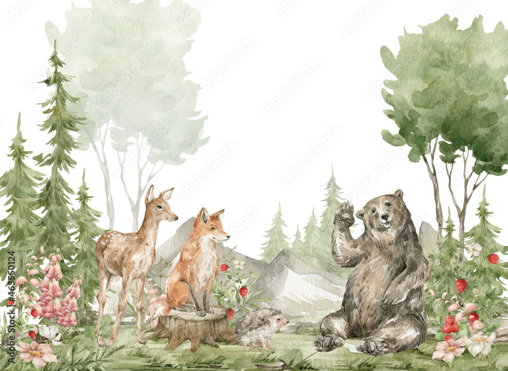 Watercolor composition with forest animals and nature elements. Deer ...