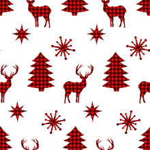 Seamless Pattern Christmas Trees Reindeer Vector Illustration