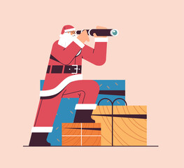 Wall Mural - santa claus looking through binoculars happy new year merry christmas holiday celebration concept