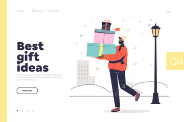 Wall Mural - Best gift ideas concept of landing page with man carry christmas presents for winter holidays