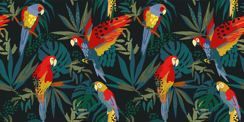 abstract art seamless pattern with parrots and tropical leaves. modern exotic design for paper, cove