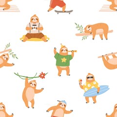 Poster - Seamless pattern with cute sloths. Repeating background with lazy funny baby animals. Endless print. Childish texture with happy adorable characters. Colored flat vector illustration for decoration