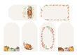 Collection of watercolor fall gift box tags labels with pumpkins and autumn foliage. Thanksgiving tag, Halloween label