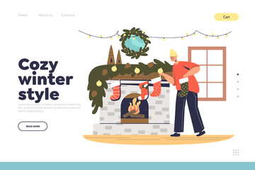 Wall Mural - Cozy winter style landing page with mother hanging christmas socks on fireplace for presents