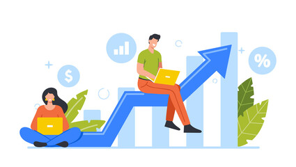 Poster - young man and woman business characters work on laptop look on computer monitor sitting on growing f