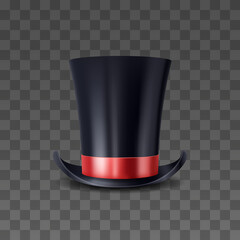 3d realistic high cap with red ribbon. Magical magician hat. Illusionist black cylinder for tricks