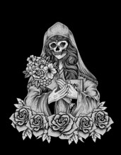 Illustration Sugar Woman Skull With Engraving Style