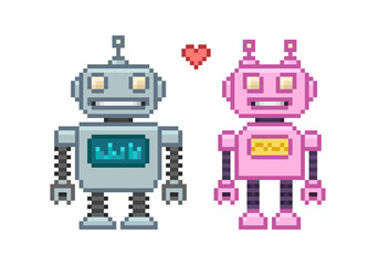 Poster - Pixel art 8-bit robots boy and girl with heart in retro style vector illustration. Cute pink and grey robots in love mascots characters set. Retro game superhero characters design
