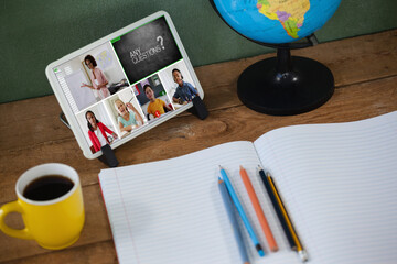 Poster - Smiling diverse elementary school pupils during class on tablet screen