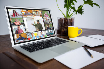 Poster - Smiling diverse elementary school pupils during class on laptop screen