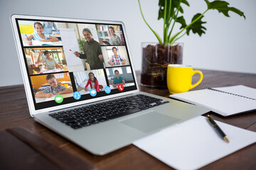 Sticker - Smiling diverse elementary school pupils during class on laptop screen