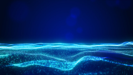 Poster - Digital particle wave and light blue and black color abstract background, 3d rendering