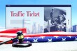 Traffic Ticket. Judge gavel and america flag in front of New York Skyline. Web Browser interface with text and lady justice.