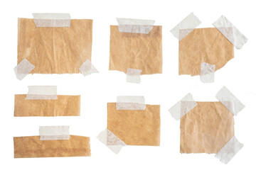 Brown paper labels attached set with sticky tape on white background