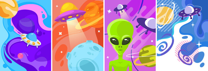 Collection of posters with UFO. Placard designs in cartoon style.