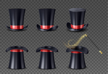 Set of realistic high cap with red ribbon and wand with sparkles. Magician hat and magical stick