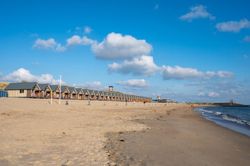 view on white sandy beach, dunes and water of north sea between vlissingen en domburg, zeeland, neth