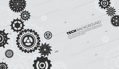 Fototapete - Gears tech background. Conceptual mechanics, gear elements banner. Technology or science, digital circuit design. Cogwheel recent vector illustration