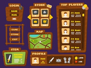 Poster - ui game elements. cartoon wood interface, buttons and arrows. mobile play bar, level and store for a
