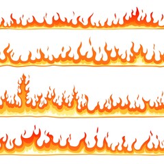 Poster - Fire seamless pattern. Cartoon blaze, hot flames borders lines. Hell elements, isolated bonfire or blaze. Flat comic flaming recent vector background