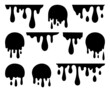 Isolated dripping paint. Melted drip, black drops. Liquid graphic ink stain, melting syrup or chocolate. Droplets silhouettes, decent vector collection