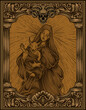 illustration baby baphomet and mother with engraving ornament style