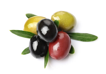 Canvas Print - Green, red and black olives isolated on white background