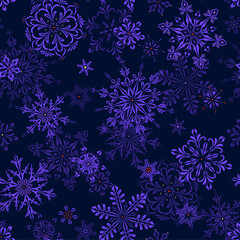 Wall Mural - Dark blue Christmas and New Year seamless pattern with snowflakes. Bright winter background. Gift wrap and fabric design. 