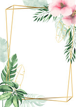 Watercolor Hand Painted Tropical Frame With Green Palm Leaves, Flowers, Golden Line Elements