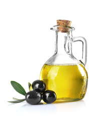 Wall Mural - Olive branch and olive oil bottle isolated on white.