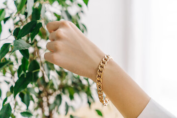 Wall Mural - Golden bijouterie bracelet on woman hand. Plant.