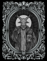 Wall Mural - illustration scary baphomet on engraving ornament