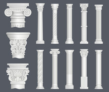 Antique Columns. Vintage Ancient Facade Decoration Renaissance Style Ornamental Pillars Architectural Interior Objects Decent Vector Realistic Illustrations