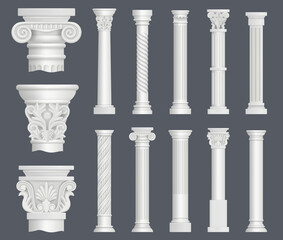 Antique columns. Vintage ancient facade decoration renaissance style ornamental pillars architectural interior objects decent vector realistic illustrations