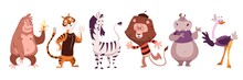 Exotic Animals. Jungle Monkey And Tiger, Zebra And Lion, Hippo And Ostrich, Wildlife Zoo And Circus Trendy Exotic Childish, African Fauna Mammals And Birds, Vector Cartoon Set