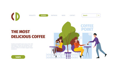 Sticker - Coffee landing page. Breakfast rest time with hot morning drinks garish vector beverage persons flat illustrations