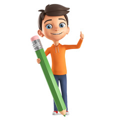 Wall Mural - Cartoon character boy in an orange sweatshirt holds a green pencil and shows a thumb up. 3d render illustration.