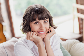 Poster - Photo of think brunette hairdo millennial lady hands face wear white shirt alone at home