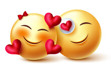 Emoji Valentine Couple Vector Concept Design. Smileys 3d Inlove Emojis Lover In Romantic Feelings And Expression With Hearts Elements For Valentines Love Characters Emoticon. Vector Illustration.
